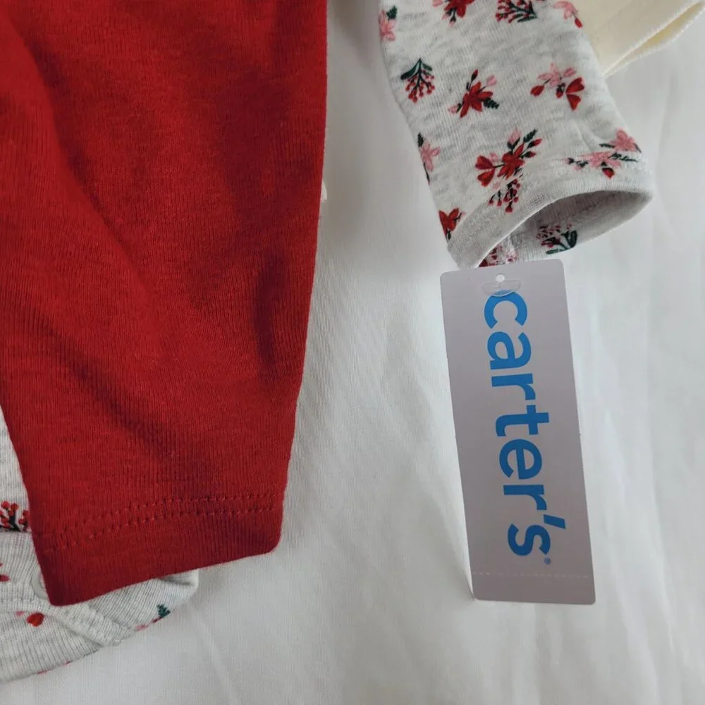 3pc Carter's Newborn Baby Girl Pants bodysuits Long sleeve Christmas Embroidered